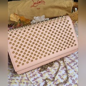 Authentic Christian Louboutin Gold Studded Pink Clutch Or Shoulder Bag